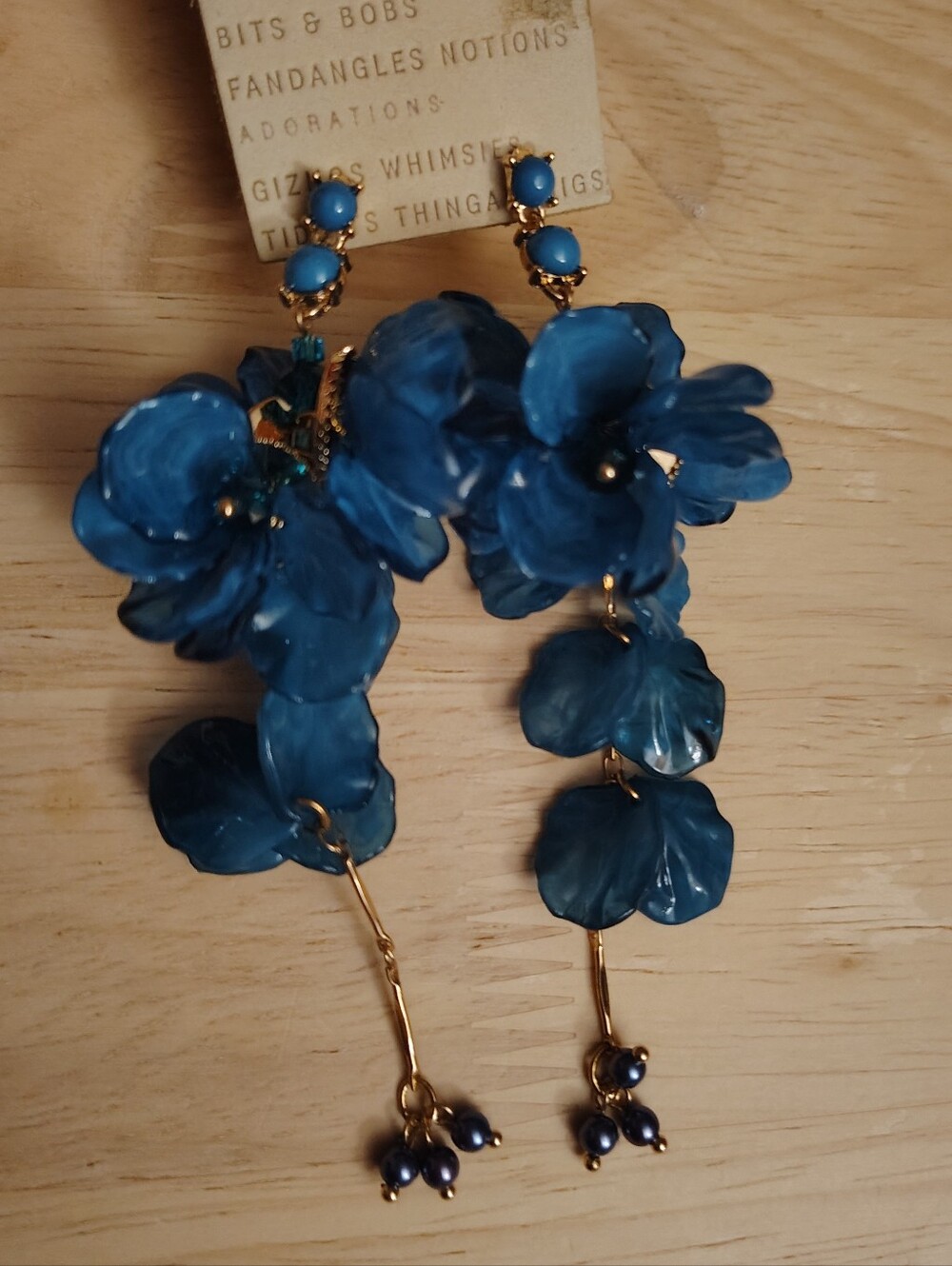 Anthropologie Blossom Drop Deep Blue Crystal Gold Statement Earrings Y2K Floral
